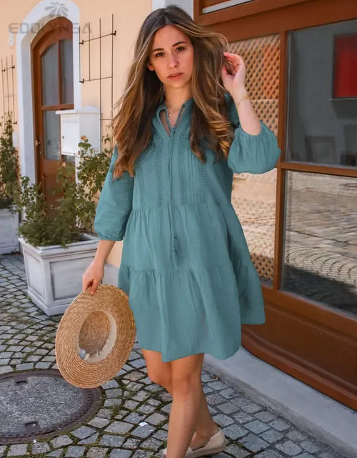 Load image into Gallery viewer, Women Swimsuit Cover Ups Mandarin Sleeve Kaftan Beach Tunic Dress Robe De Plage Solid White Pareo Beach Cover-Ups #Q429
