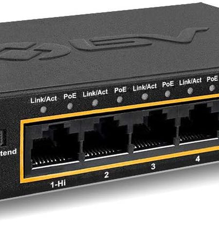 -Tech 6 Port Poe+ Switch (4 Poe+ Ports with 2 Ethernet Uplink and Extend Function) – 60W – 802.3At + 1 High Power Poe Port| Desktop Fanless Design | Sturdy Metal Housing