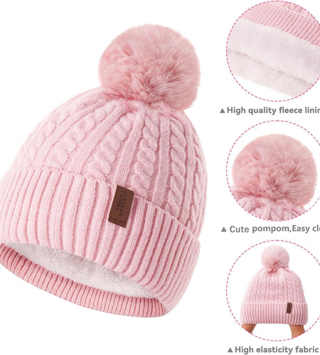 3Pcs Winter Women Beanie Hat Scarf and Touch Screen Gloves Sets Girls Classic Knit Warm Chunky Fleece Lined Cable Cap
