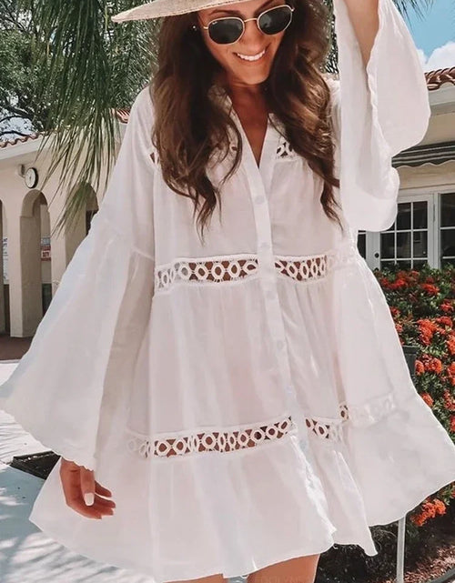 Load image into Gallery viewer, Women Swimsuit Cover Ups Mandarin Sleeve Kaftan Beach Tunic Dress Robe De Plage Solid White Pareo Beach Cover-Ups #Q429
